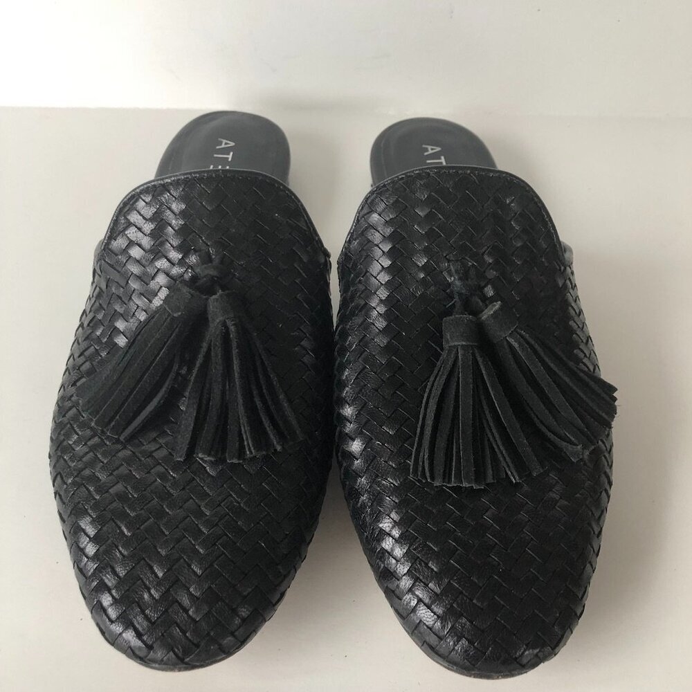 ARTELIERS Woven Leather Mules Tassles, Black, .5" heel comfort EU 38/ US 7.5 / 8